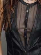 Gothic Faux Leather Vertical Striped Mesh Spliced Button Down Crew Neck Sleeveless Vest