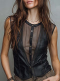 Gothic Faux Leather Vertical Striped Mesh Spliced Button Down Crew Neck Sleeveless Vest