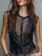 Gothic Faux Leather Vertical Striped Mesh Spliced Button Down Crew Neck Sleeveless Vest