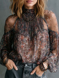 Boho Sheer Floral High Neck Cold Shoulder Blouse