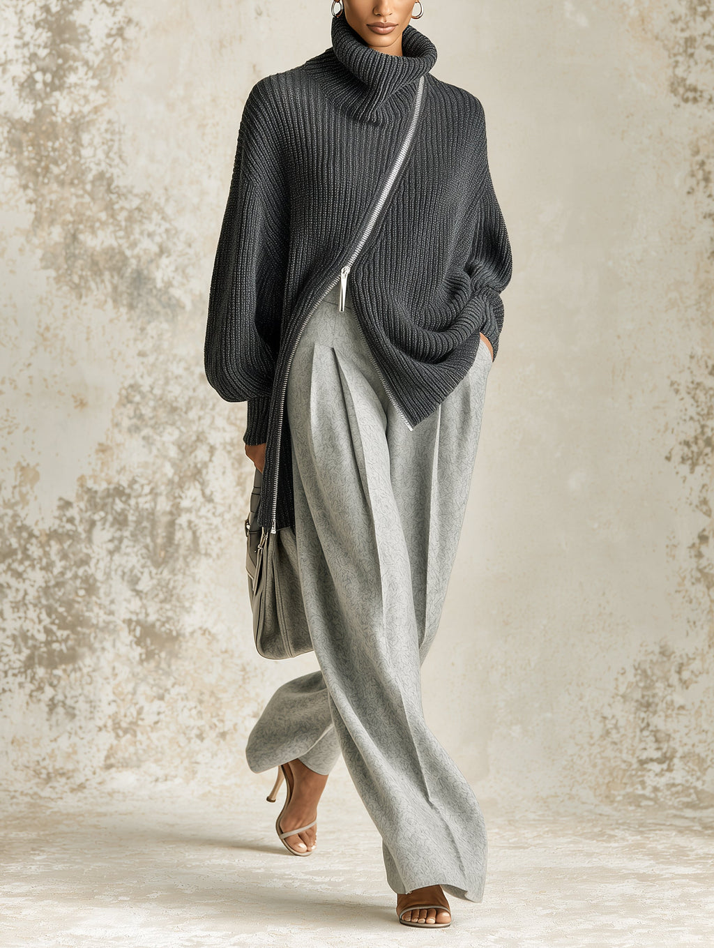 Asymmetric Zip Turtleneck Sweater & Wide-Leg Pants Set