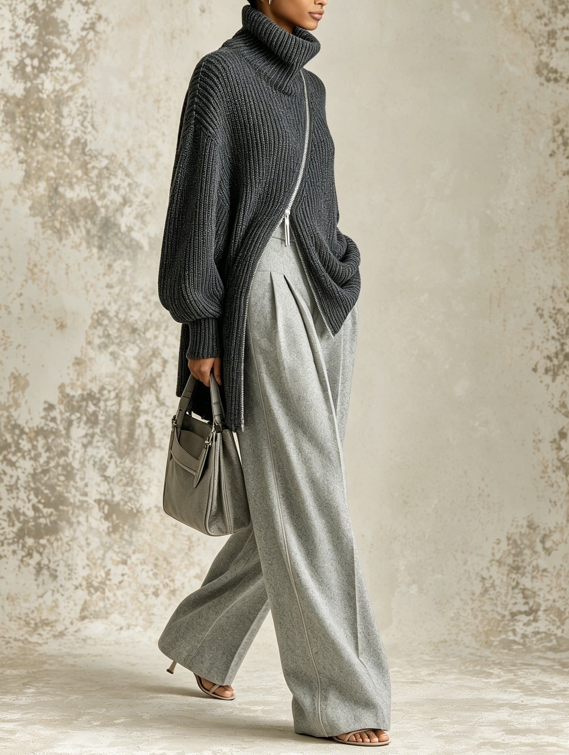 Asymmetric Zip Turtleneck Sweater & Wide-Leg Pants Set