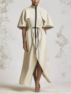 Cape Sleeve Zip Front Drawstring Waist Maxi Dress, Stand Collar Split Long Tunic Dress