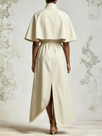 Cape Sleeve Zip Front Drawstring Waist Maxi Dress, Stand Collar Split Long Tunic Dress