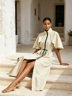Cape Sleeve Zip Front Drawstring Waist Maxi Dress, Stand Collar Split Long Tunic Dress
