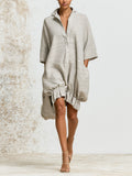 Minimalist Linen Shirt Dress – Oversized Relaxed Fit Ruffle Hem Midi Dress