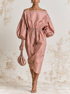Dusty Rose Off Shoulder Midi Dress – Elegant Balloon Sleeve Ruched Waist Dress
