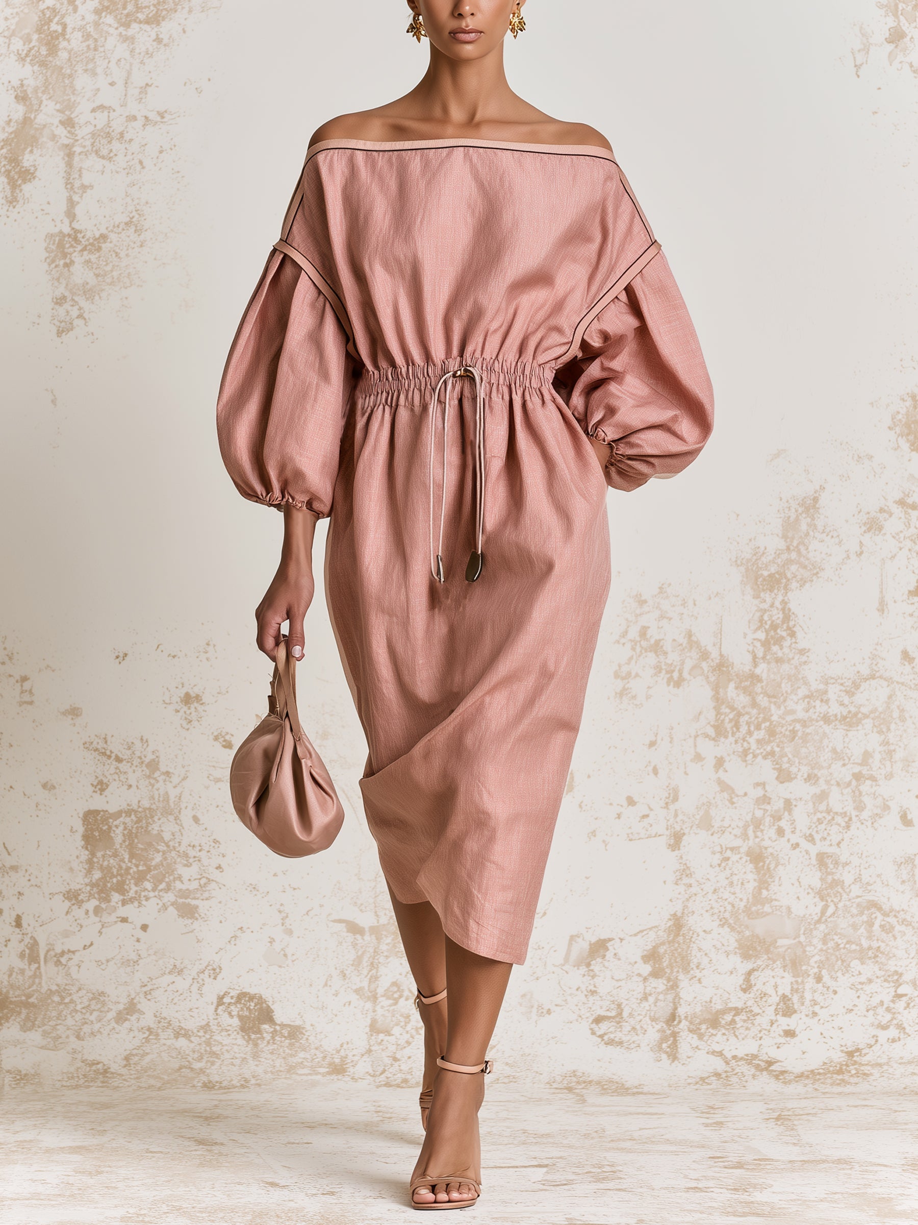 Dusty Rose Off Shoulder Midi Dress – Elegant Balloon Sleeve Ruched Waist Dress