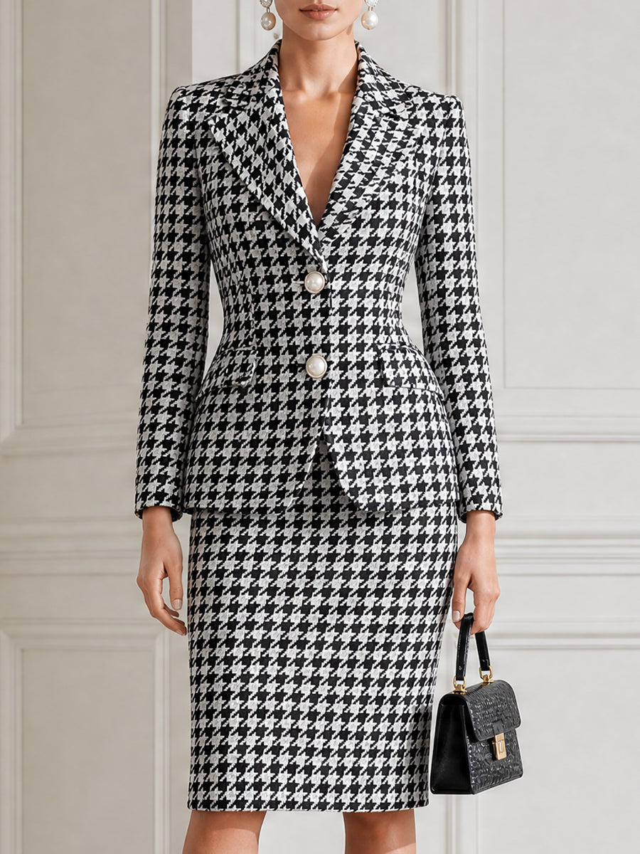 Black White Houndstooth Blazer & Pencil Skirt Business Suit