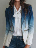 Vintage Gradient Denim Lapel Zipper Detail Blazer Jacket