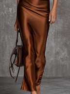 Vintage Lace High Neck Draped Halter Belted Ruched Satin Midi Slip Dress