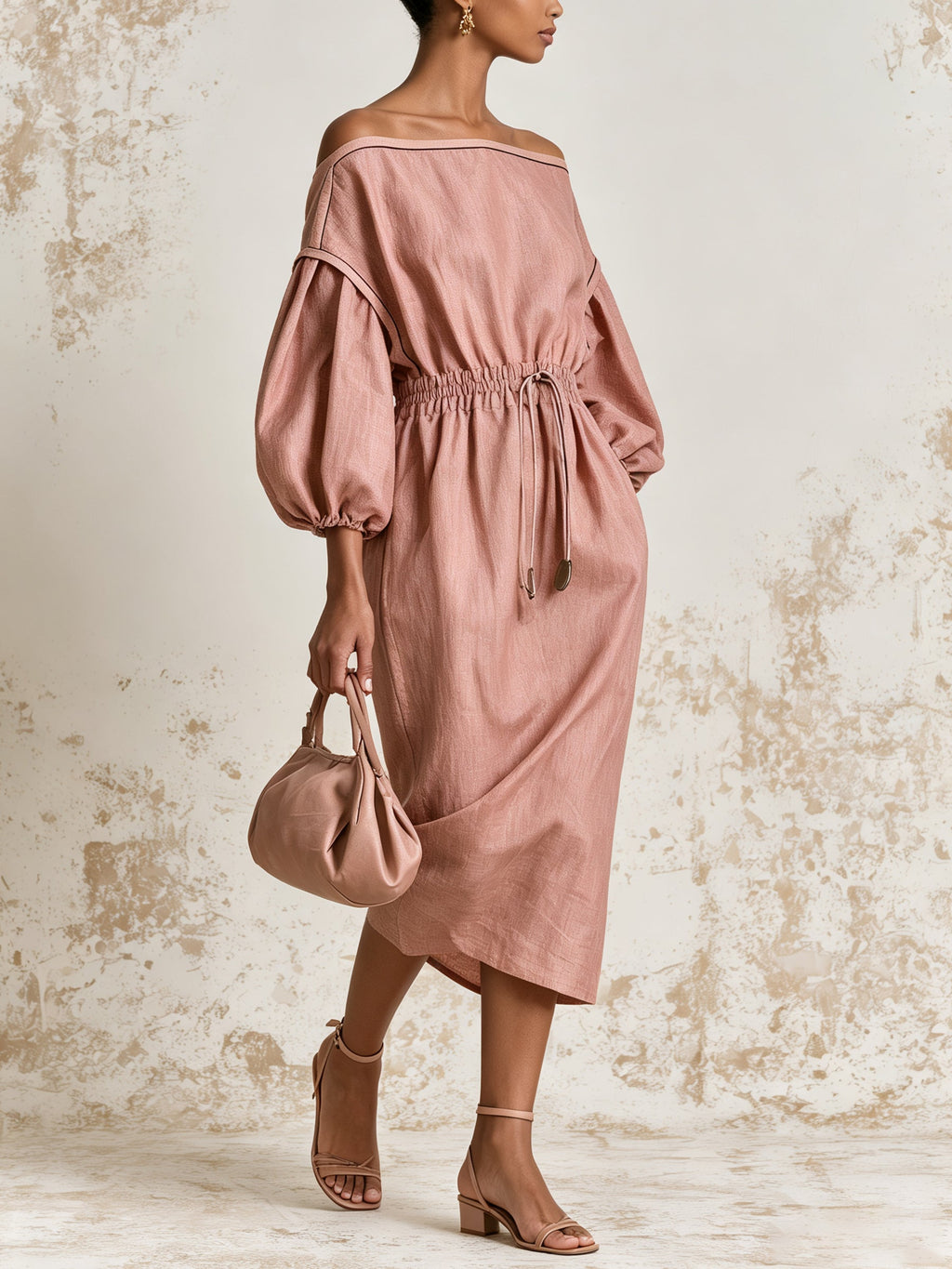 Dusty Rose Off Shoulder Midi Dress – Elegant Balloon Sleeve Ruched Waist Dress