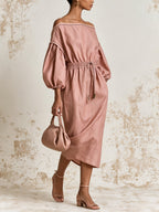 Dusty Rose Off Shoulder Midi Dress – Elegant Balloon Sleeve Ruched Waist Dress