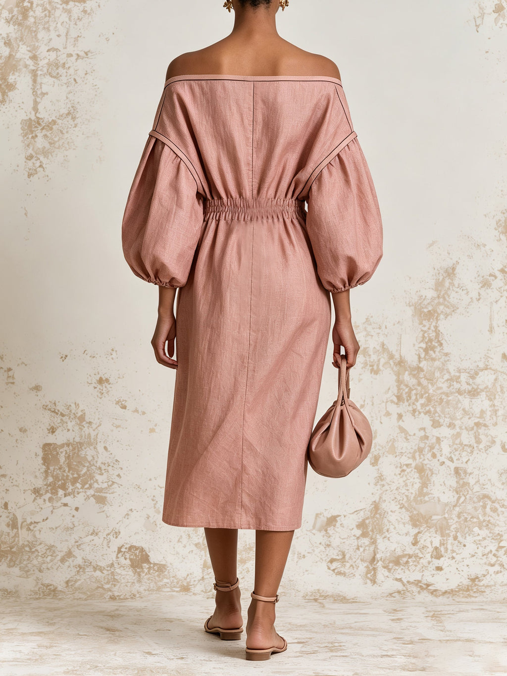 Dusty Rose Off Shoulder Midi Dress – Elegant Balloon Sleeve Ruched Waist Dress