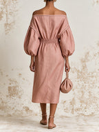Dusty Rose Off Shoulder Midi Dress – Elegant Balloon Sleeve Ruched Waist Dress