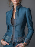 Vintage-style Embroidered Stand-collar Slim-fit Blazer