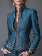 Vintage-style Embroidered Stand-collar Slim-fit Blazer