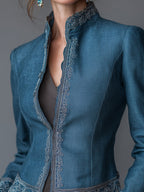 Vintage-style Embroidered Stand-collar Slim-fit Blazer