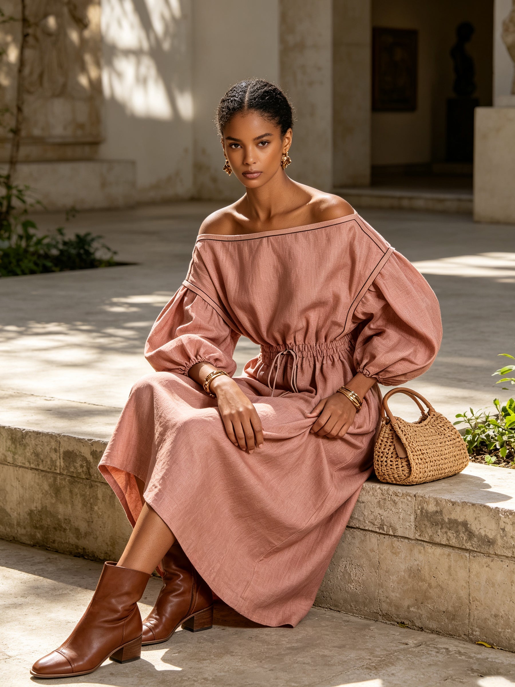 Dusty Rose Off Shoulder Midi Dress – Elegant Balloon Sleeve Ruched Waist Dress