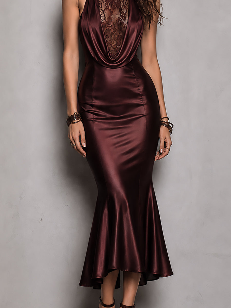 Elegant A Draped Neckline Satin Mermaid Maxi Dress With Lace Inserts