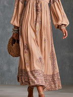 Boho Paisley Border Print Tie-Neck Bishop Sleeve Midi Dress