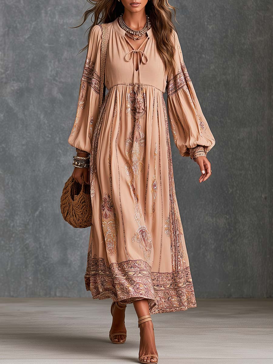 Boho Paisley Border Print Tie-Neck Bishop Sleeve Midi Dress