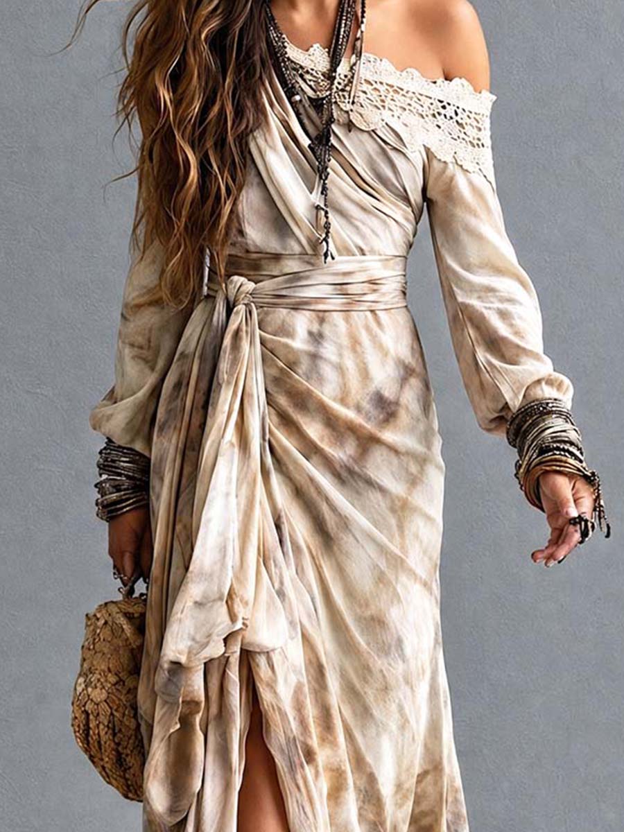 Boho Off-Shoulder Lace Trim Tie-Waist Wrap Maxi Dress
