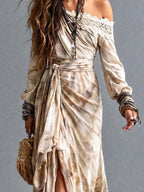 Boho Off-Shoulder Lace Trim Tie-Waist Wrap Maxi Dress