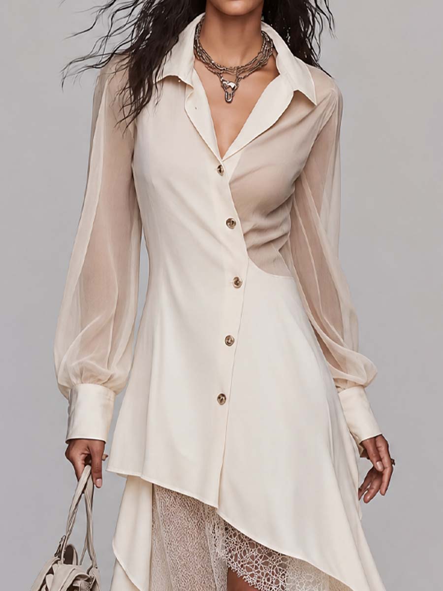 Elegant Lapel Collar Sheer Puff Sleeve Button Front Lace Layer Asymmetric Hem Midi Shirt Dress