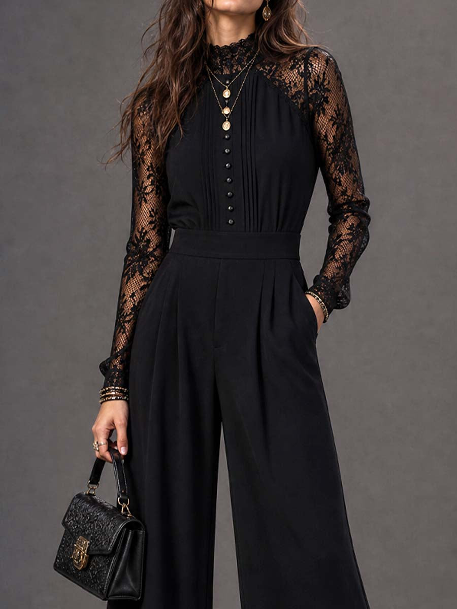 Vintage Stand-up Collar Lace Trim Jumpsuit