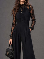 Vintage Stand-up Collar Lace Trim Jumpsuit