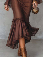 Vintage Cowl Neck Lace-trimmed Fishtail Hem Midi Dress
