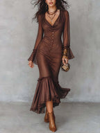 Vintage Cowl Neck Lace-trimmed Fishtail Hem Midi Dress