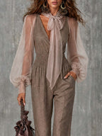 Boho Tie Neck Sheer Puff Long Sleeve Smocked Waist Pocket Wide Leg Jumpsuit