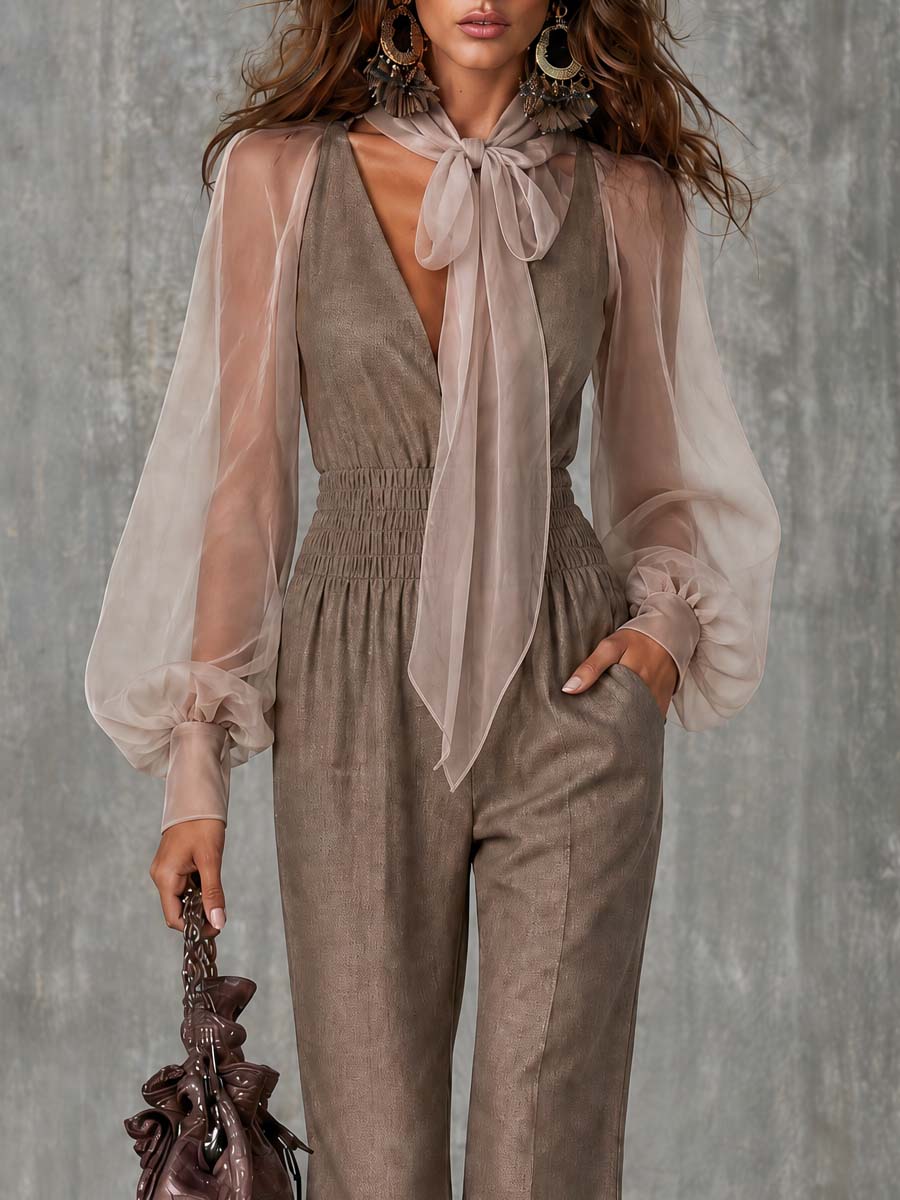 Boho Tie Neck Sheer Puff Long Sleeve Smocked Waist Pocket Wide Leg Jumpsuit