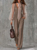 Boho Tie Neck Sheer Puff Long Sleeve Smocked Waist Pocket Wide Leg Jumpsuit