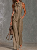 Vintage Collar Tie Sleeveless Lace Trim Smocked Waist Pocket Linen Wide Leg Jumpsuit