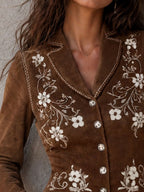 Boho Brown Suede Floral Embroidery Lapel Button Jacket