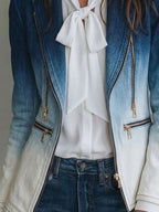 Vintage Gradient Denim Lapel Zipper Detail Blazer Jacket