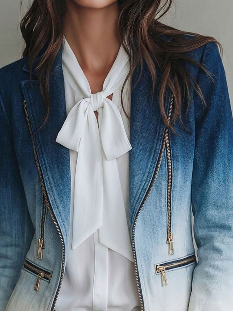 Vintage Gradient Denim Lapel Zipper Detail Blazer Jacket