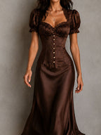 Retro Elegant Brown Satin Corset Puff Sleeve Midi Dress