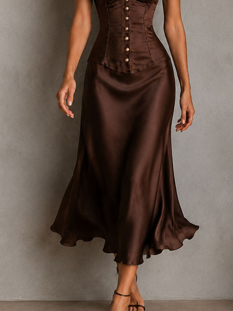 Retro Elegant Brown Satin Corset Puff Sleeve Midi Dress