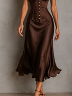 Retro Elegant Brown Satin Corset Puff Sleeve Midi Dress