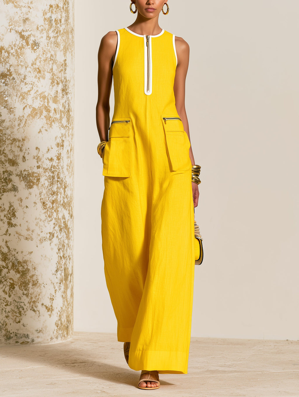 Sunny Luxe Yellow Sleeveless Maxi Dress – Elegant Zip Front Pocket Dress For Women