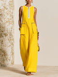 Sunny Luxe Yellow Sleeveless Maxi Dress – Elegant Zip Front Pocket Dress For Women