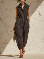 Women's Sleeveless Utility Jumpsuit With Zip Front, Drawstring Waist & Tapered Cargo Pants