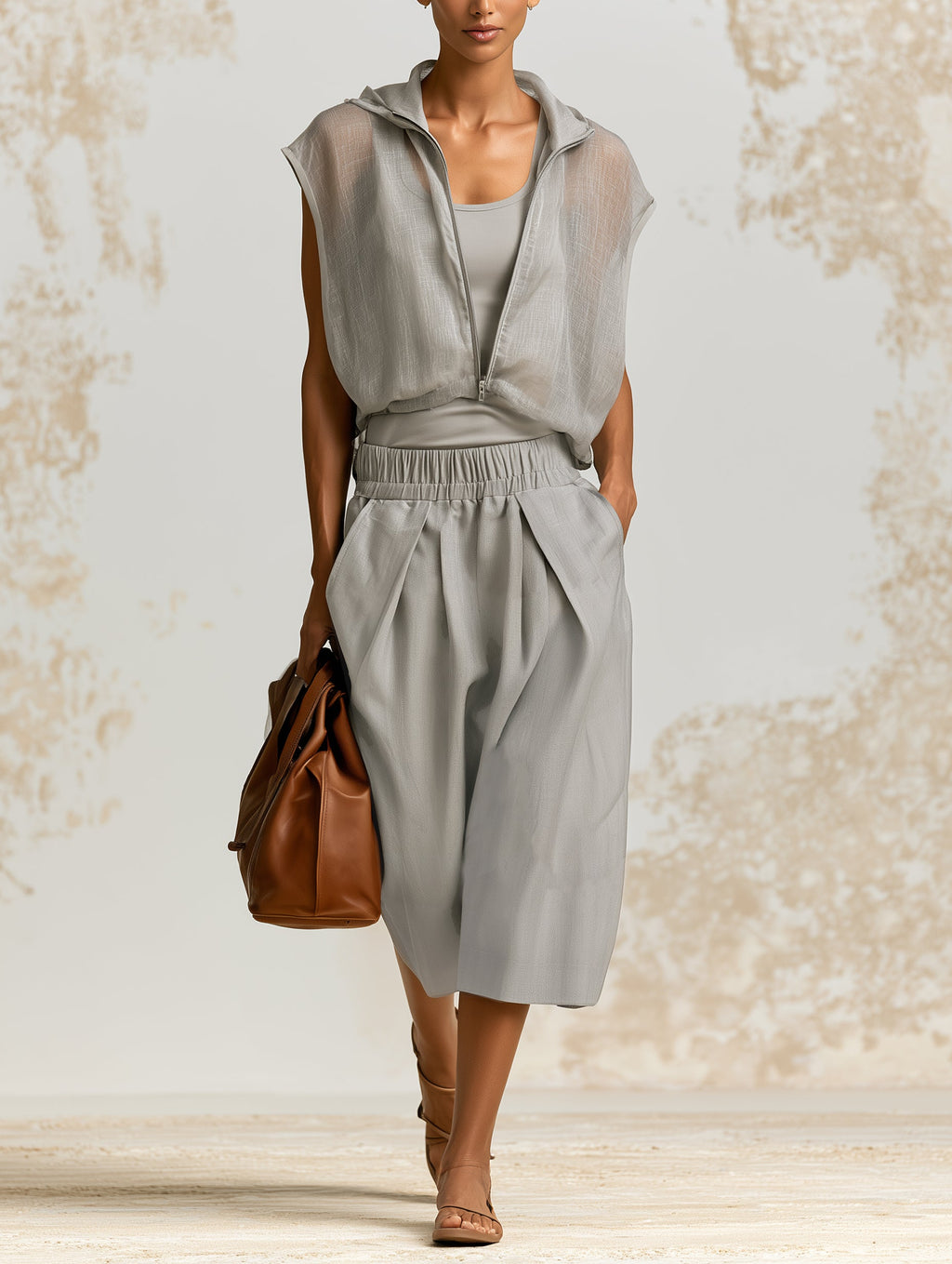 Minimalist Gray Hooded Two-Piece Set – Lightweight Zip Vest & Relaxed Bermuda Shorts Outfit For Women