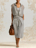 Minimalist Gray Hooded Two-Piece Set – Lightweight Zip Vest & Relaxed Bermuda Shorts Outfit For Women