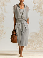 Minimalist Gray Hooded Two-Piece Set – Lightweight Zip Vest & Relaxed Bermuda Shorts Outfit For Women