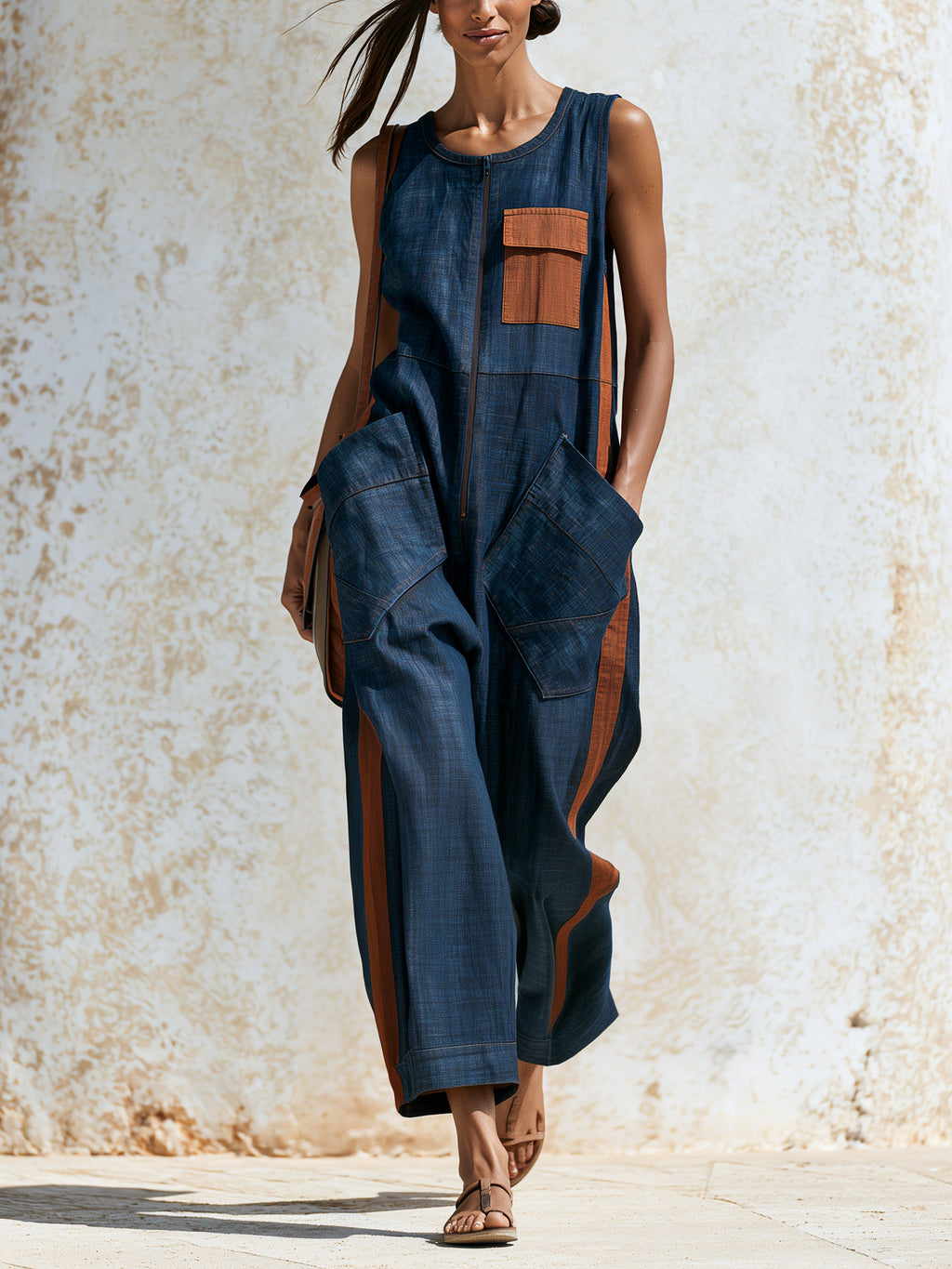 Women’s Sleeveless Denim Jumpsuit – Wide Leg Utility Romper With Contrast Pocket Details